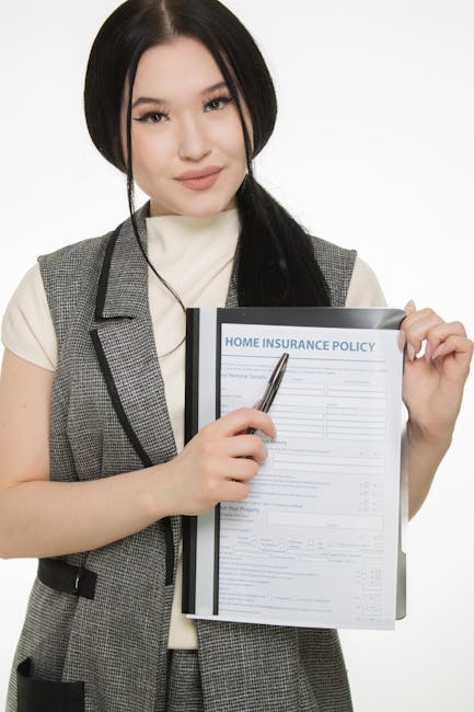 Two individuals are engaged in a home relocation process, with one person in a dark suit filling out a legal form labeled 'Insurance Policy' on a clipboard, while the other person's hands rest on a li