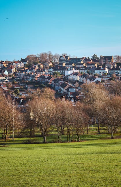 The image depicts a panoramic view of a residential area situated on a hillside, with rows of terraced houses featuring red and grey tiled roofs, and multi-storey buildings in the distance. In the foreground, there is an open green park with neatly maintained grass and several leafless trees, indicating a season of late autumn or winter. The scene is captured during daylight with a clear blue sky overhead. The photograph showcases the natural environment surrounding the homes, highlighting the spatial arrangement of the houses on the slope below the viewpoint. This setting can be associated with house removals or local home relocation services, such as those offered by Man with Van Noak Hill, as part of a professional furniture transport and packing process within a residential community.